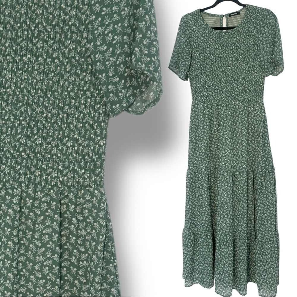 Green s/s Crew Neck Maxi Sundress smocked tiered Medium sage new with tags